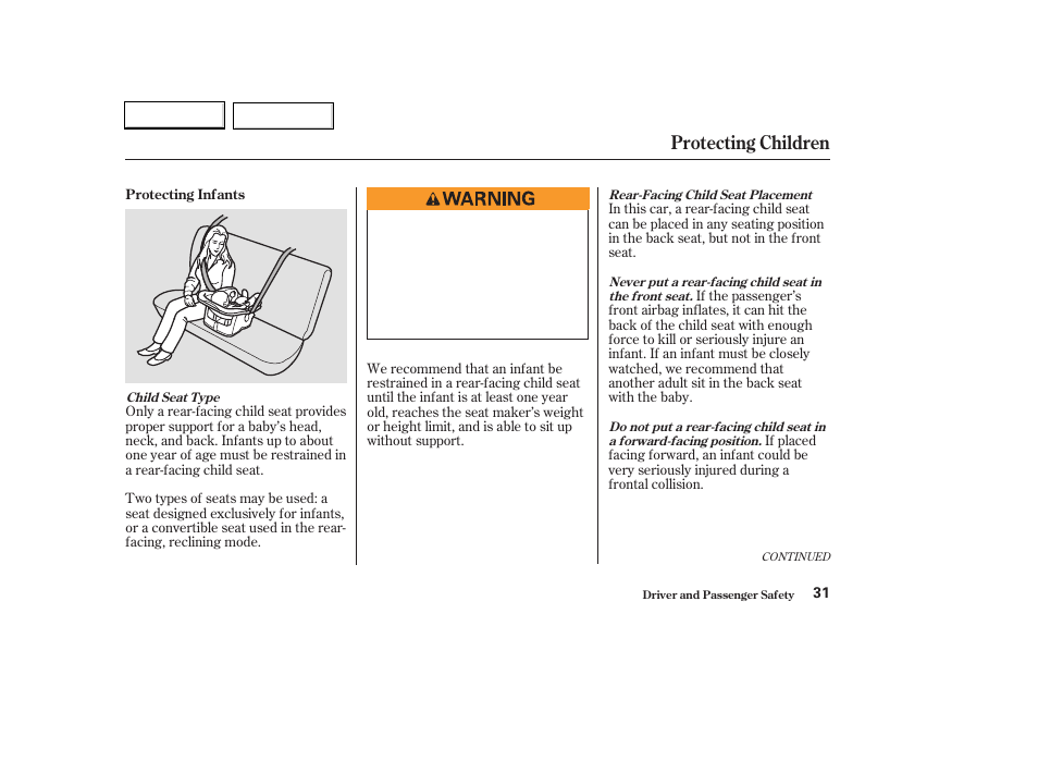 Protecting children | HONDA 2003 Civic Hybrid - Owner's Manual User Manual | Page 34 / 317