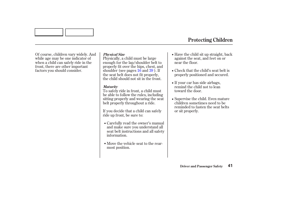 Protecting children | HONDA 2003 Civic Hybrid - Owner's Manual User Manual | Page 44 / 317
