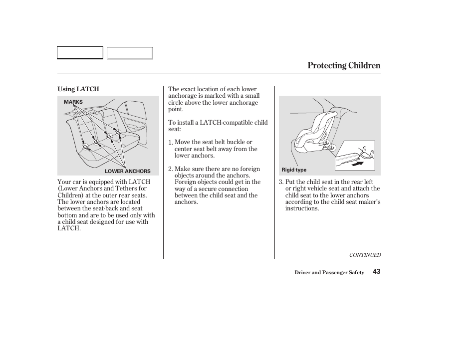 Protecting children | HONDA 2003 Civic Hybrid - Owner's Manual User Manual | Page 46 / 317