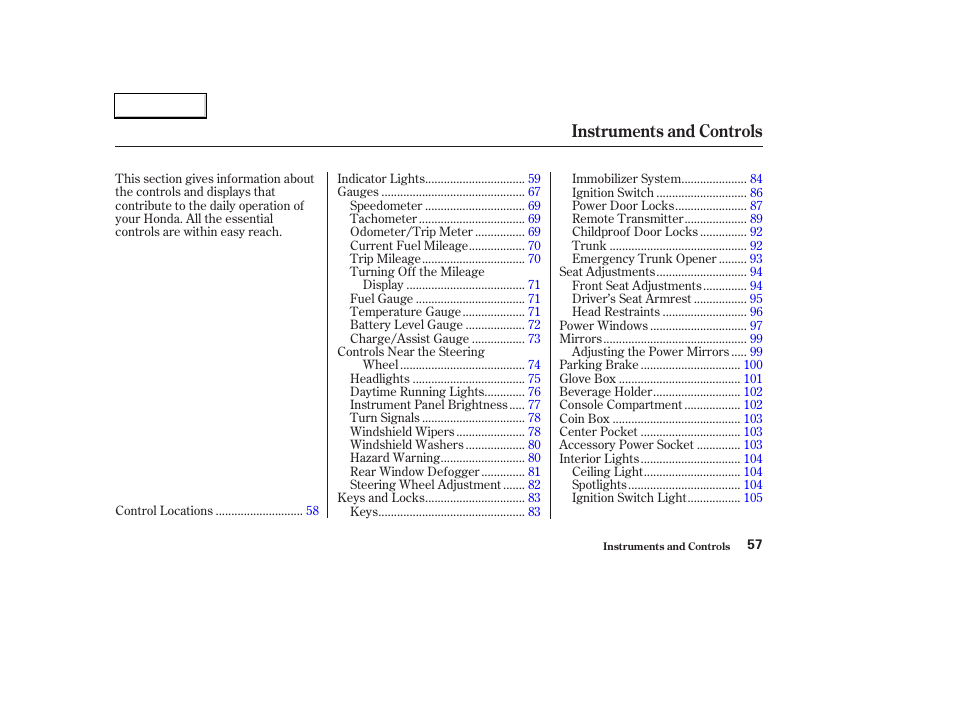 Instruments and controls | HONDA 2003 Civic Hybrid - Owner's Manual User Manual | Page 60 / 317
