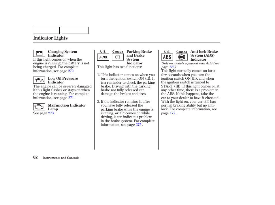 Indicator lights | HONDA 2003 Civic Hybrid - Owner's Manual User Manual | Page 65 / 317