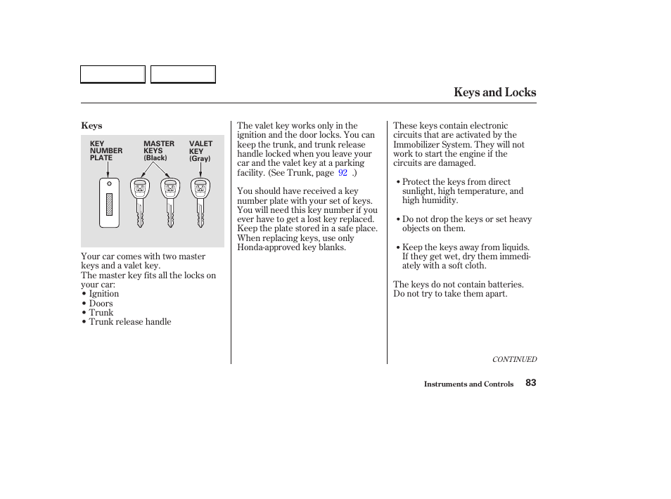 Keys and locks | HONDA 2003 Civic Hybrid - Owner's Manual User Manual | Page 86 / 317