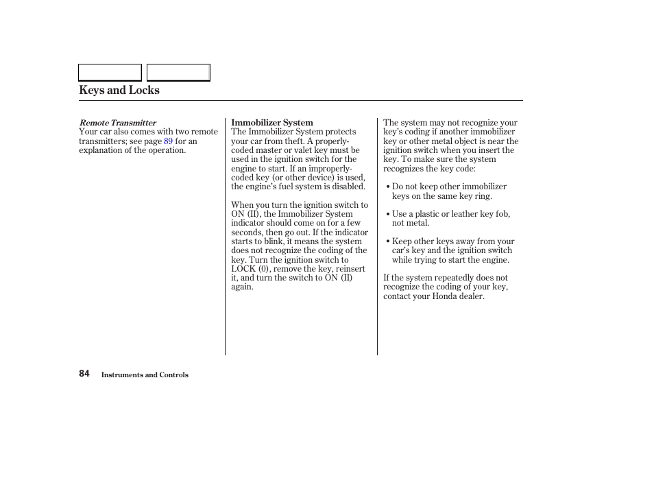 Keys and locks | HONDA 2003 Civic Hybrid - Owner's Manual User Manual | Page 87 / 317