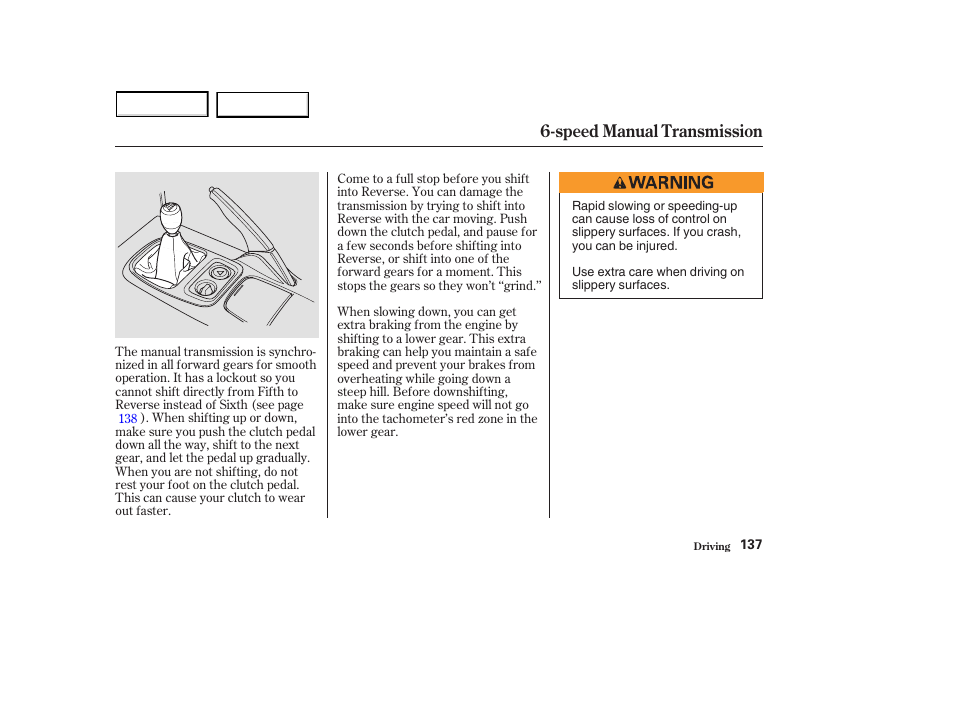 Speed manual transmission | HONDA 2003 S2000 - Owner's Manual User Manual | Page 140 / 280