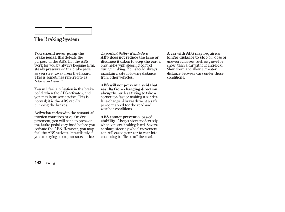 The braking system | HONDA 2003 S2000 - Owner's Manual User Manual | Page 145 / 280