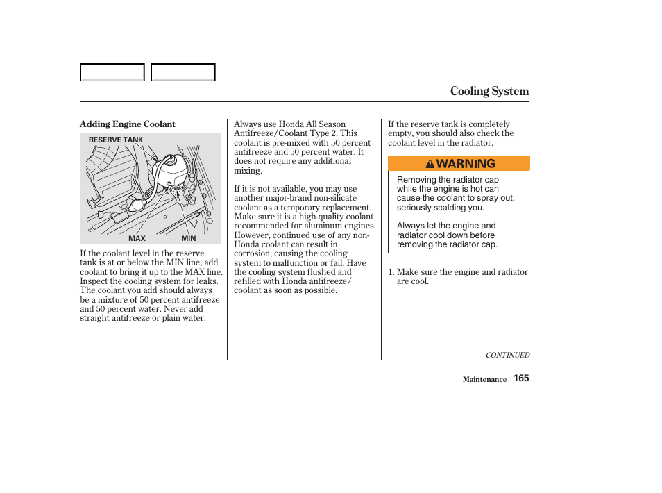 Cooling system | HONDA 2003 S2000 - Owner's Manual User Manual | Page 168 / 280