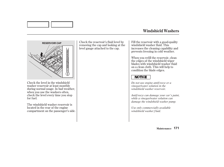 Windshield washers | HONDA 2003 S2000 - Owner's Manual User Manual | Page 174 / 280
