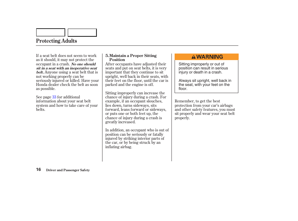 Protecting adults | HONDA 2003 S2000 - Owner's Manual User Manual | Page 19 / 280