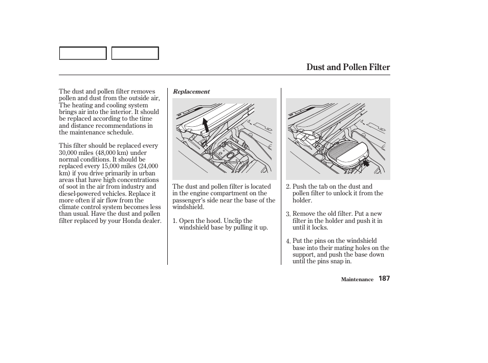 Dust and pollen filter | HONDA 2003 S2000 - Owner's Manual User Manual | Page 190 / 280