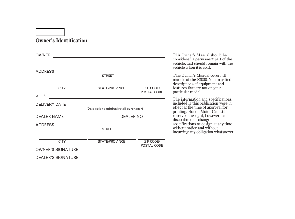 Owner's identification form, Owner’s identification | HONDA 2003 S2000 - Owner's Manual User Manual | Page 2 / 280