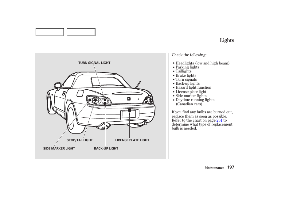 Lights | HONDA 2003 S2000 - Owner's Manual User Manual | Page 200 / 280