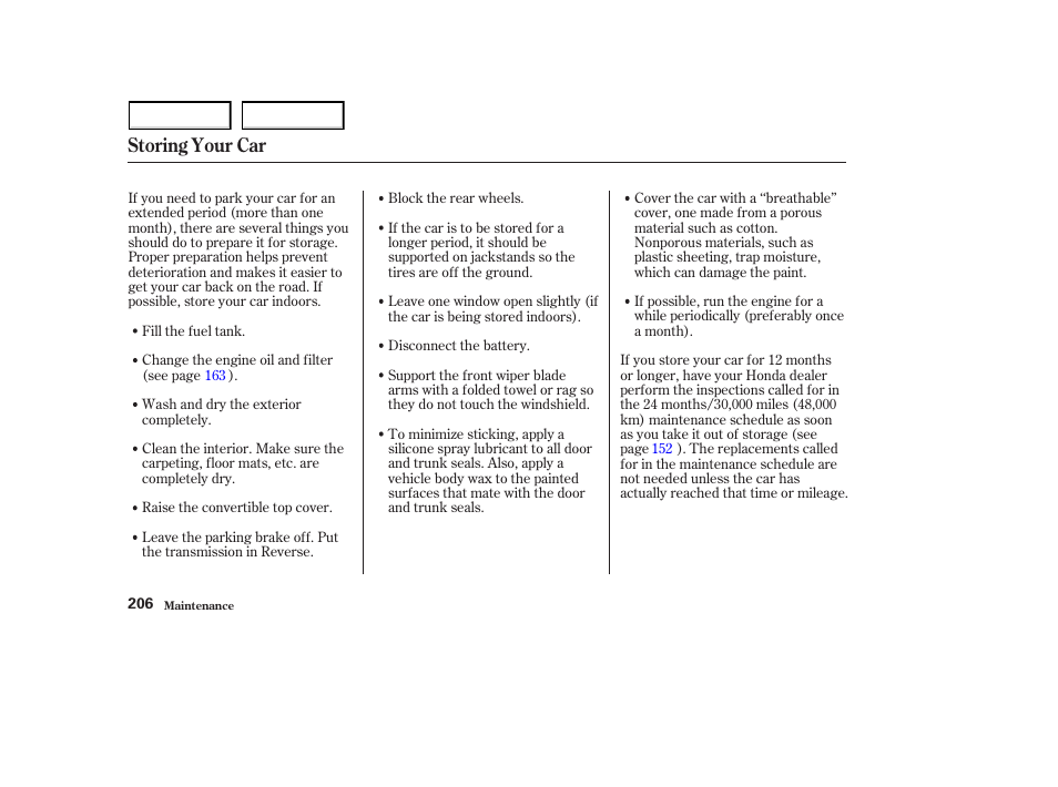 Storing your car | HONDA 2003 S2000 - Owner's Manual User Manual | Page 209 / 280