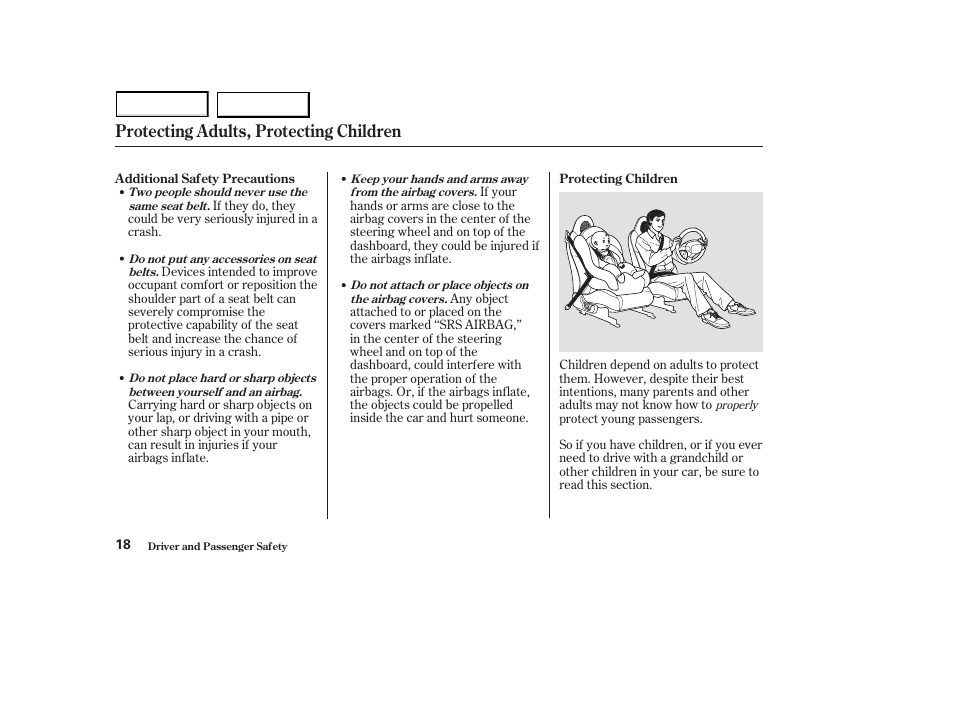 Protecting adults, protecting children | HONDA 2003 S2000 - Owner's Manual User Manual | Page 21 / 280