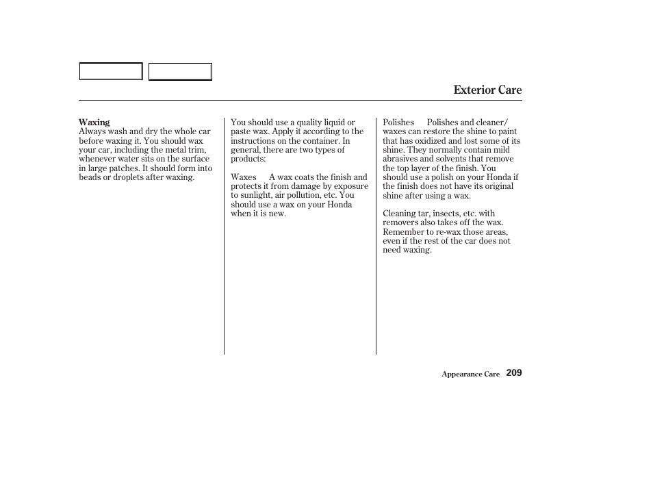 Exterior care | HONDA 2003 S2000 - Owner's Manual User Manual | Page 212 / 280
