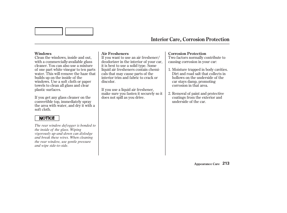 Interior care, corrosion protection | HONDA 2003 S2000 - Owner's Manual User Manual | Page 216 / 280