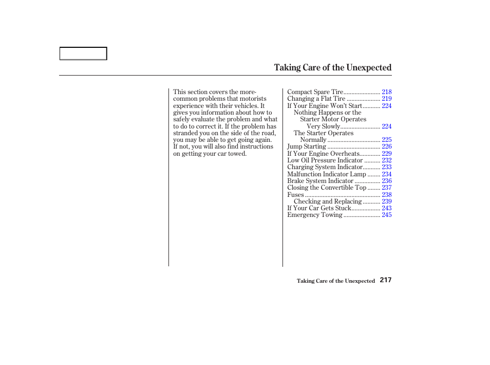 Taking care of the unexpected | HONDA 2003 S2000 - Owner's Manual User Manual | Page 220 / 280