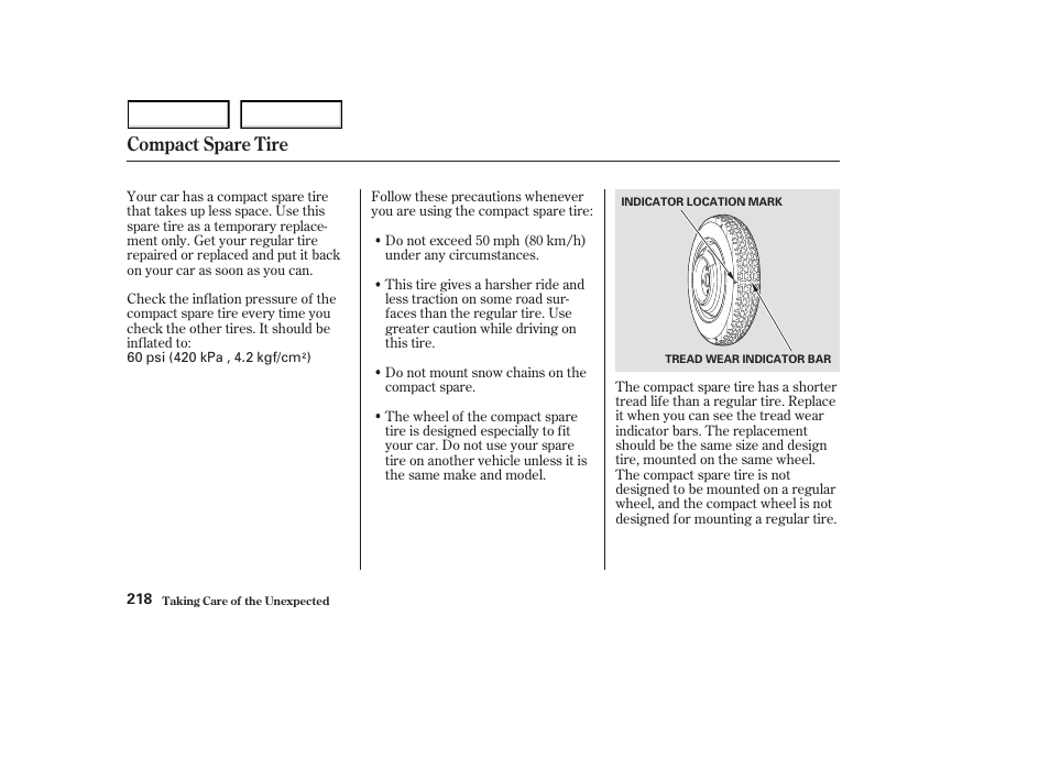 Compact spare tire | HONDA 2003 S2000 - Owner's Manual User Manual | Page 221 / 280