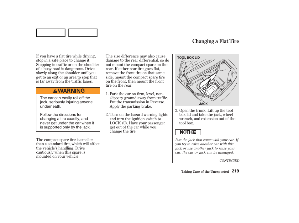 Changing a flat tire | HONDA 2003 S2000 - Owner's Manual User Manual | Page 222 / 280