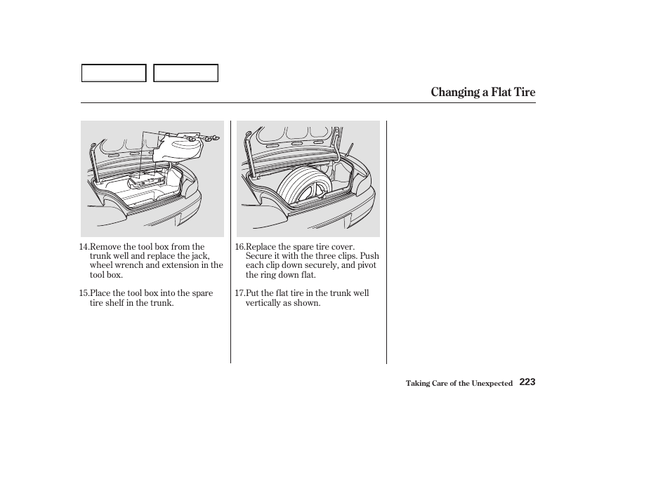Changing a flat tire | HONDA 2003 S2000 - Owner's Manual User Manual | Page 226 / 280