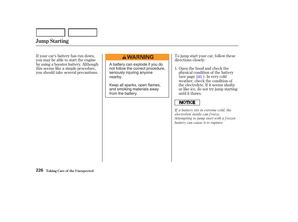 Jump starting | HONDA 2003 S2000 - Owner's Manual User Manual | Page 229 / 280