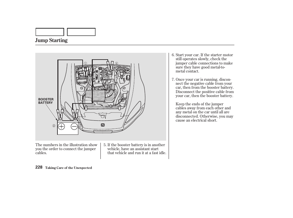 Jump starting | HONDA 2003 S2000 - Owner's Manual User Manual | Page 231 / 280