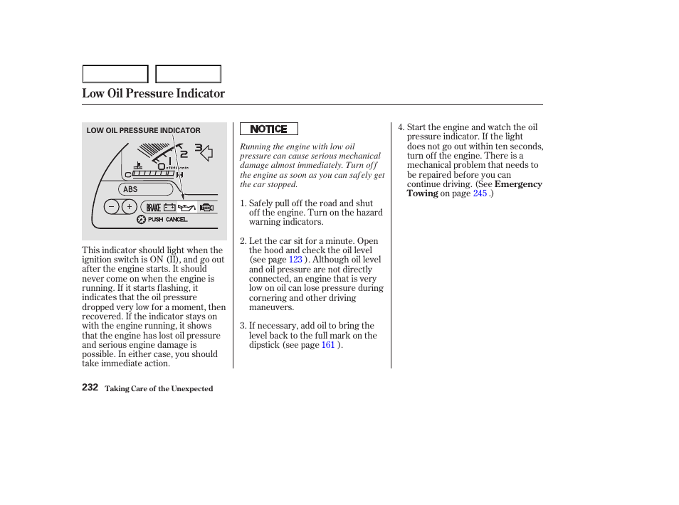 Low oil pressure indicator | HONDA 2003 S2000 - Owner's Manual User Manual | Page 235 / 280