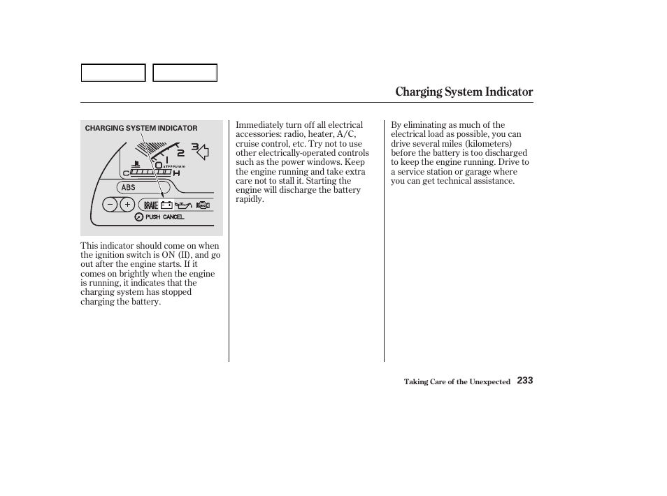 Charging system indicator | HONDA 2003 S2000 - Owner's Manual User Manual | Page 236 / 280