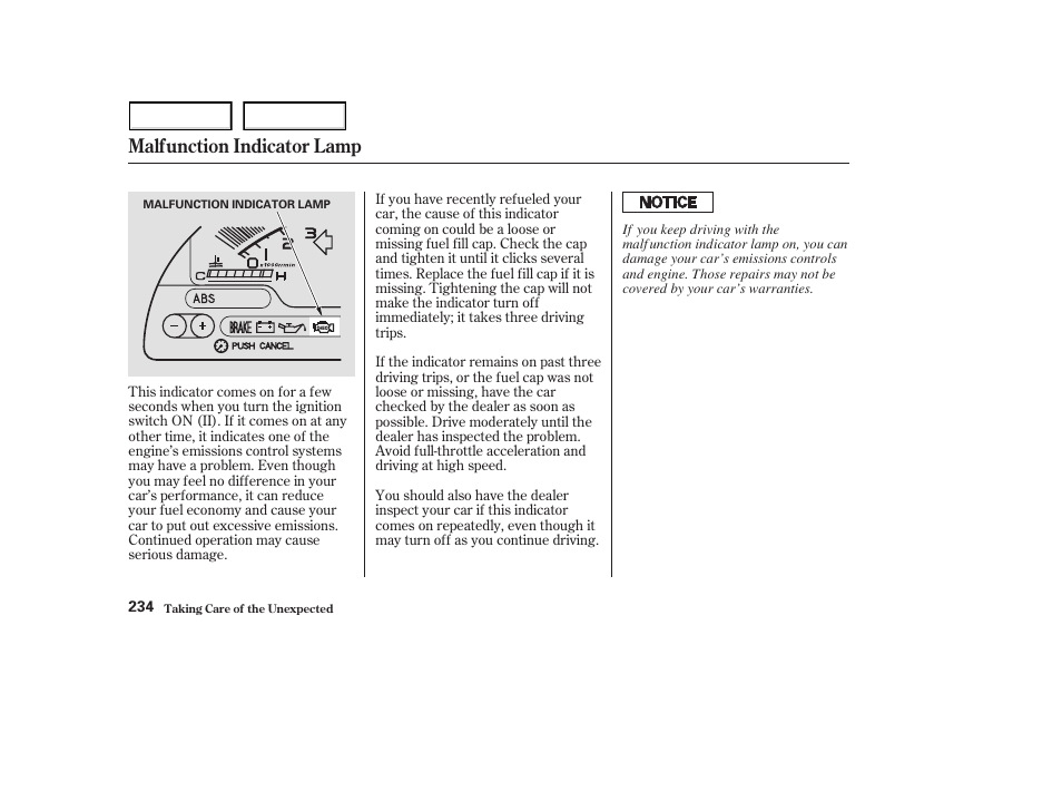 Malfunction indicator lamp | HONDA 2003 S2000 - Owner's Manual User Manual | Page 237 / 280