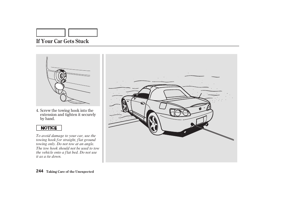 If your car gets stuck | HONDA 2003 S2000 - Owner's Manual User Manual | Page 247 / 280