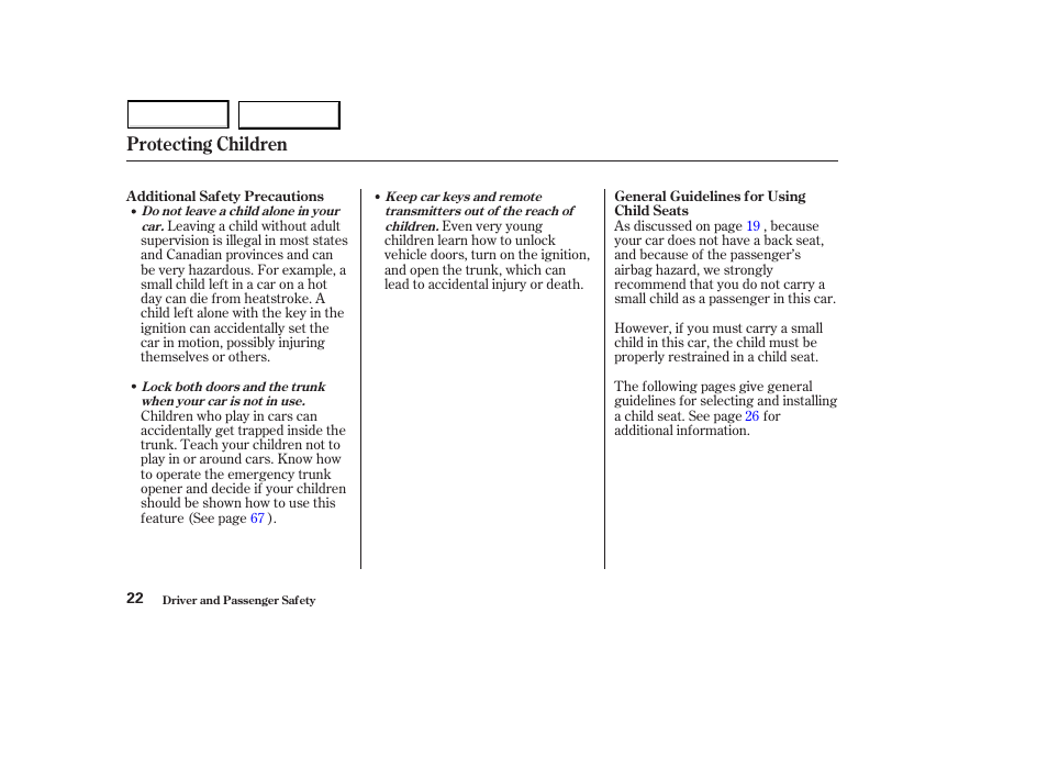 Protecting children | HONDA 2003 S2000 - Owner's Manual User Manual | Page 25 / 280
