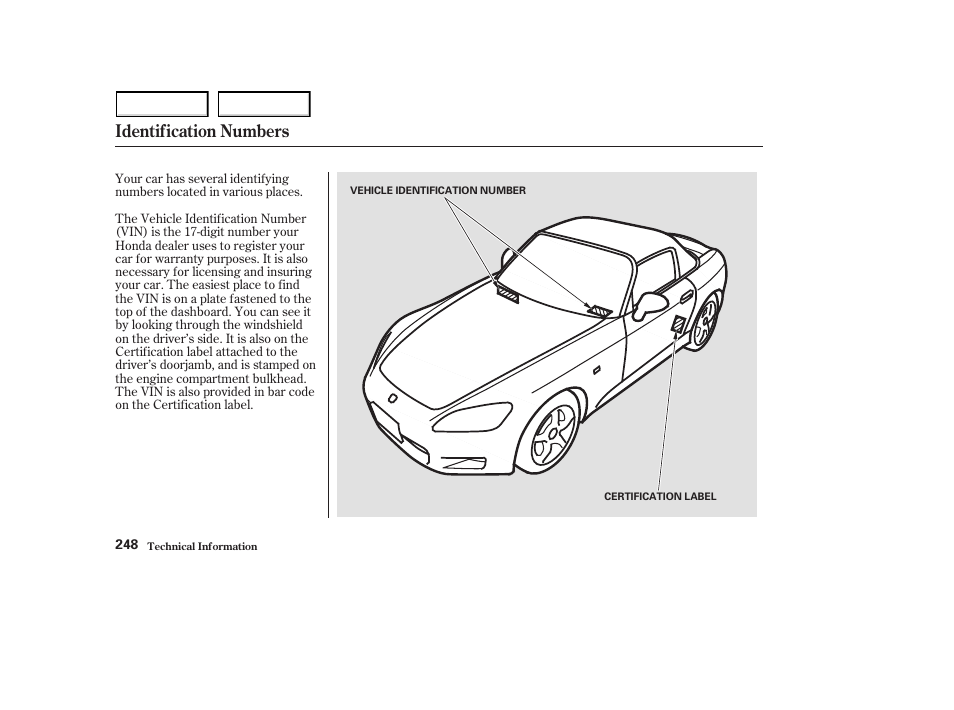 Identification numbers | HONDA 2003 S2000 - Owner's Manual User Manual | Page 251 / 280