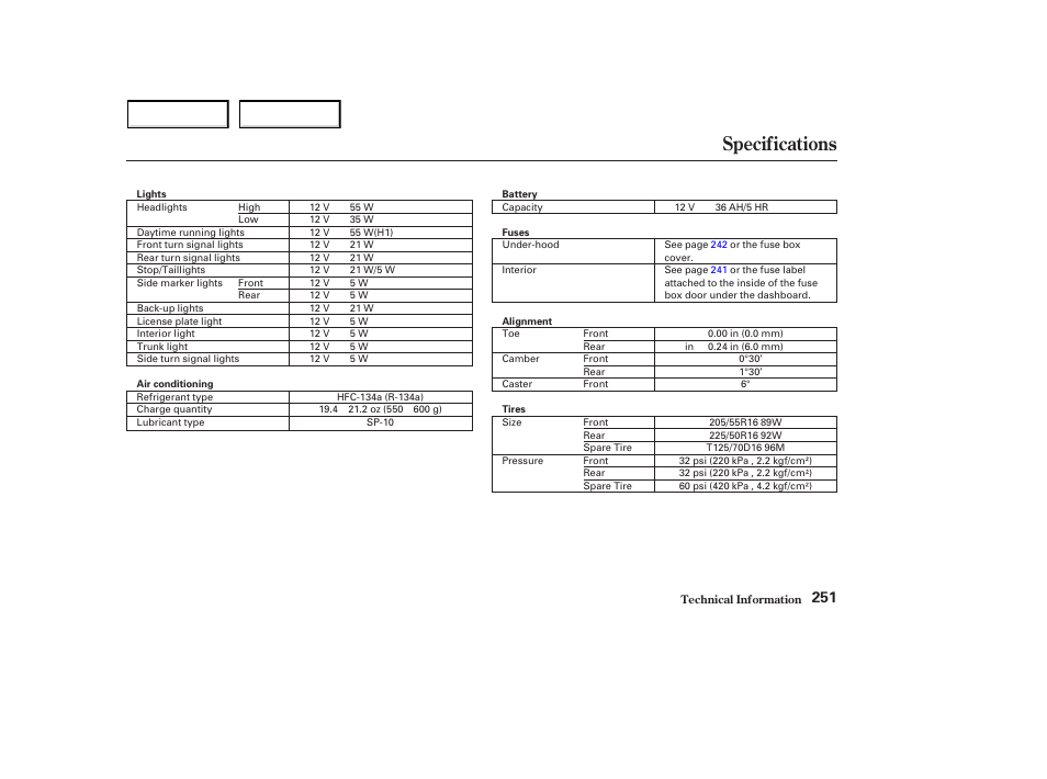 Specifications | HONDA 2003 S2000 - Owner's Manual User Manual | Page 254 / 280