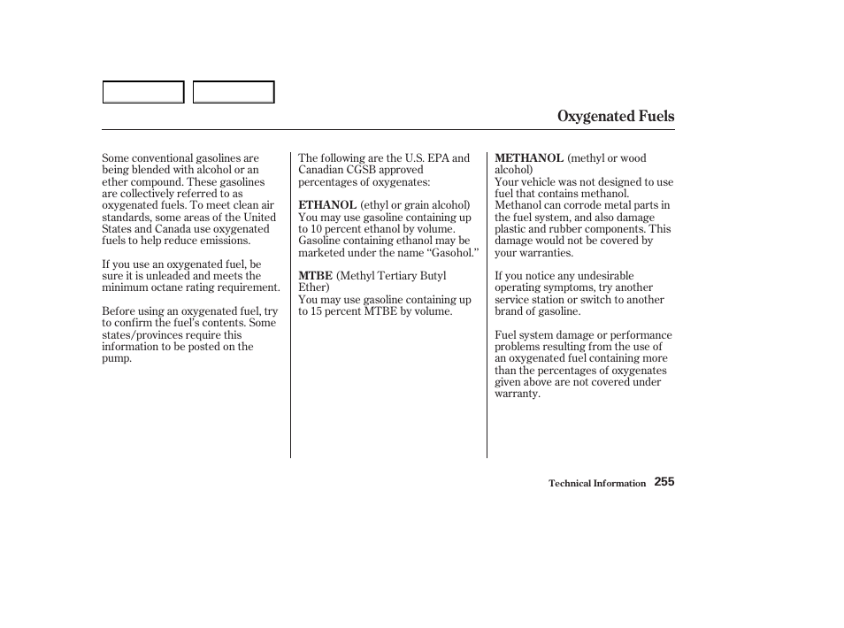 Oxygenated fuels | HONDA 2003 S2000 - Owner's Manual User Manual | Page 258 / 280