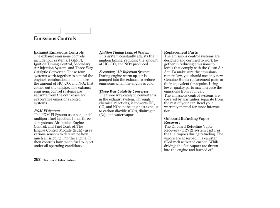 Emissions controls | HONDA 2003 S2000 - Owner's Manual User Manual | Page 261 / 280