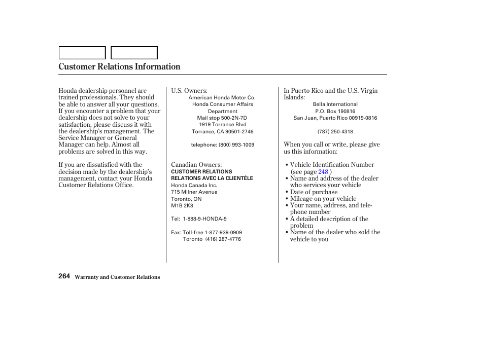 Customer relations information | HONDA 2003 S2000 - Owner's Manual User Manual | Page 267 / 280