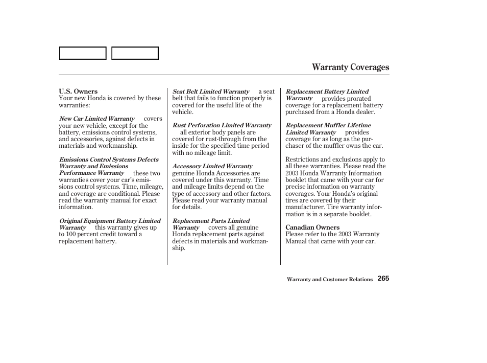 Warranty coverages | HONDA 2003 S2000 - Owner's Manual User Manual | Page 268 / 280