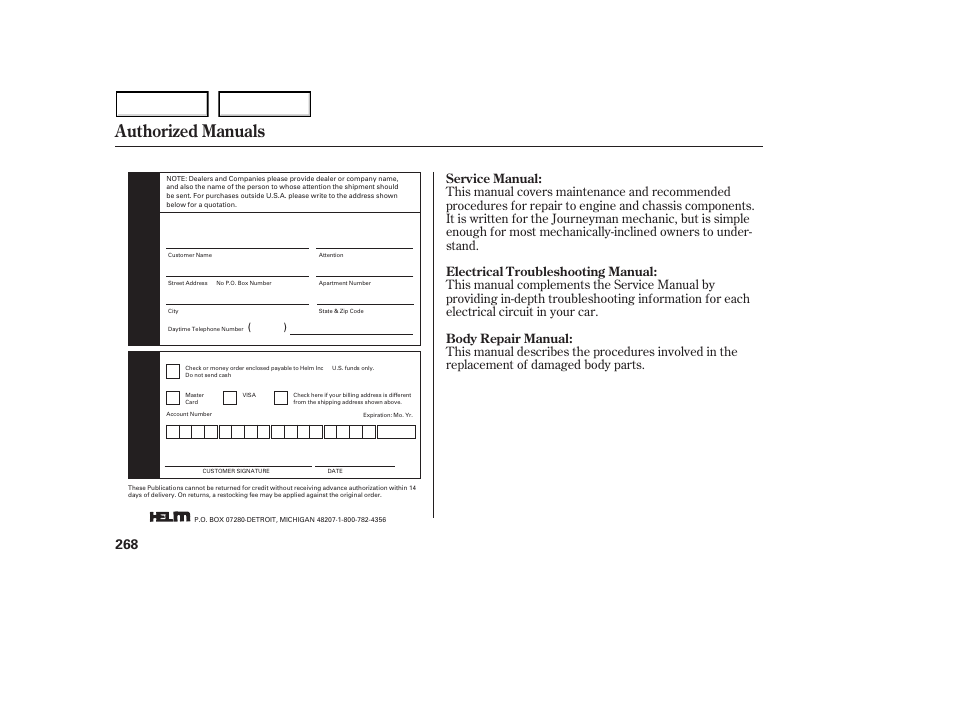 Authorized manuals | HONDA 2003 S2000 - Owner's Manual User Manual | Page 271 / 280