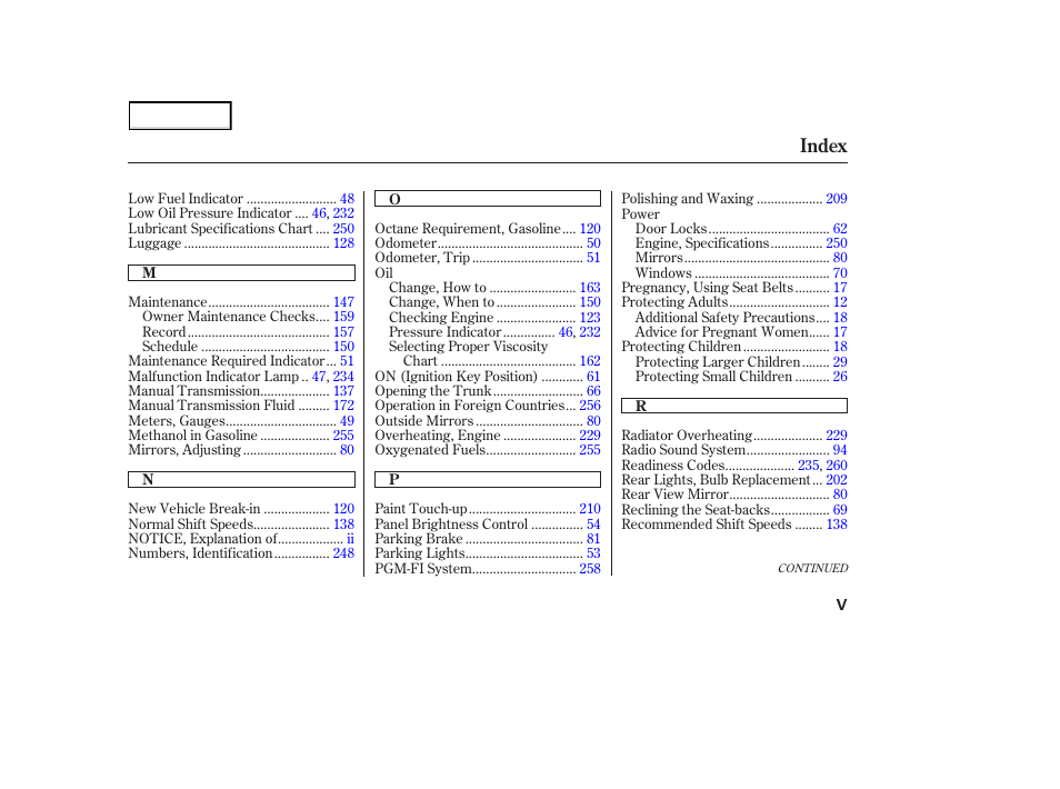 Index | HONDA 2003 S2000 - Owner's Manual User Manual | Page 276 / 280