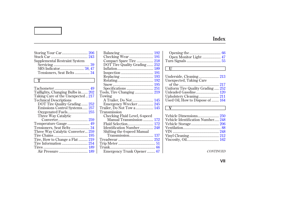 Index | HONDA 2003 S2000 - Owner's Manual User Manual | Page 278 / 280