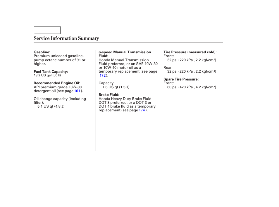 Service information summary | HONDA 2003 S2000 - Owner's Manual User Manual | Page 280 / 280