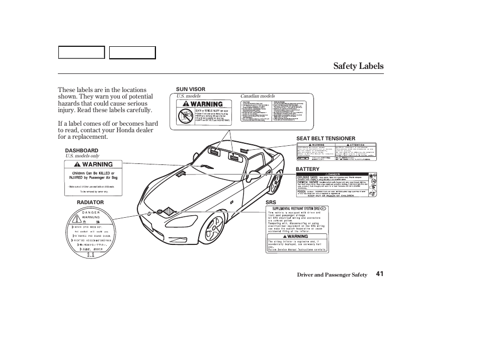 Safety labels | HONDA 2003 S2000 - Owner's Manual User Manual | Page 44 / 280