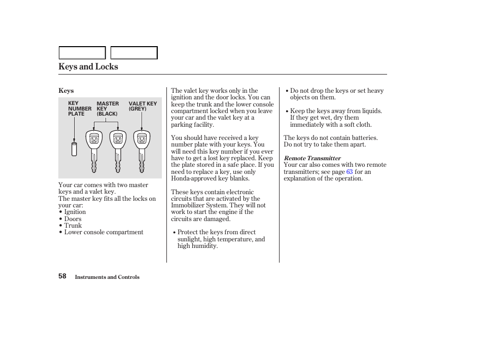 Keys and locks | HONDA 2003 S2000 - Owner's Manual User Manual | Page 61 / 280