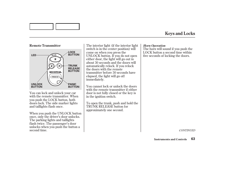 Keys and locks | HONDA 2003 S2000 - Owner's Manual User Manual | Page 66 / 280