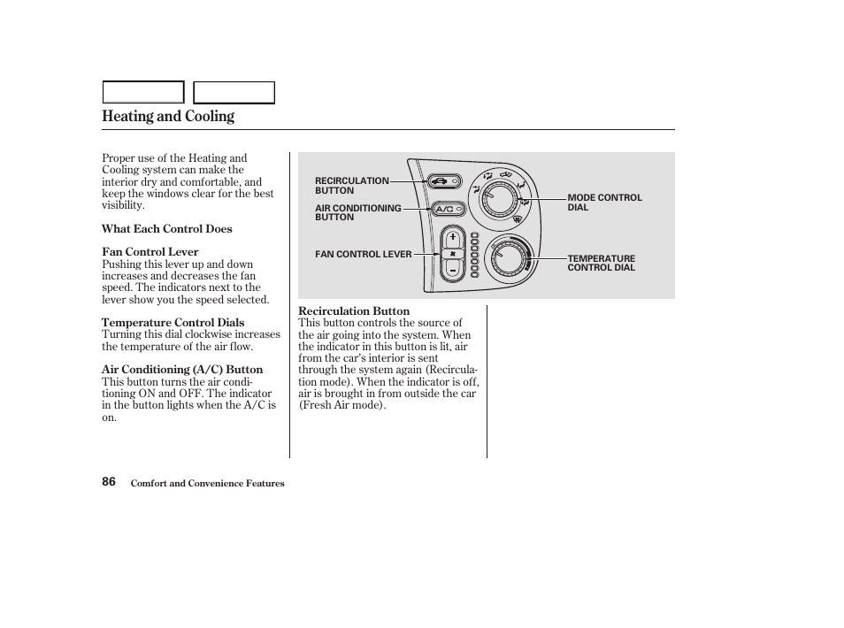 Heating and cooling | HONDA 2003 S2000 - Owner's Manual User Manual | Page 89 / 280