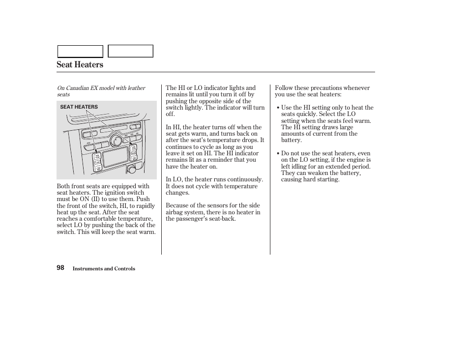 Seat heaters | HONDA 2003 Pilot - Owner's Manual User Manual | Page 102 / 392