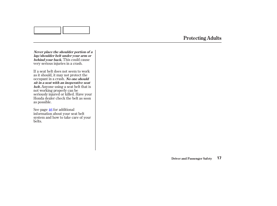 Protecting adults | HONDA 2003 Pilot - Owner's Manual User Manual | Page 21 / 392