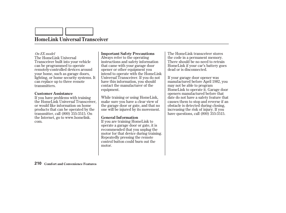 Homelink universal transceiver | HONDA 2003 Pilot - Owner's Manual User Manual | Page 214 / 392