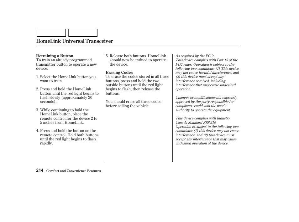 Homelink universal transceiver | HONDA 2003 Pilot - Owner's Manual User Manual | Page 218 / 392