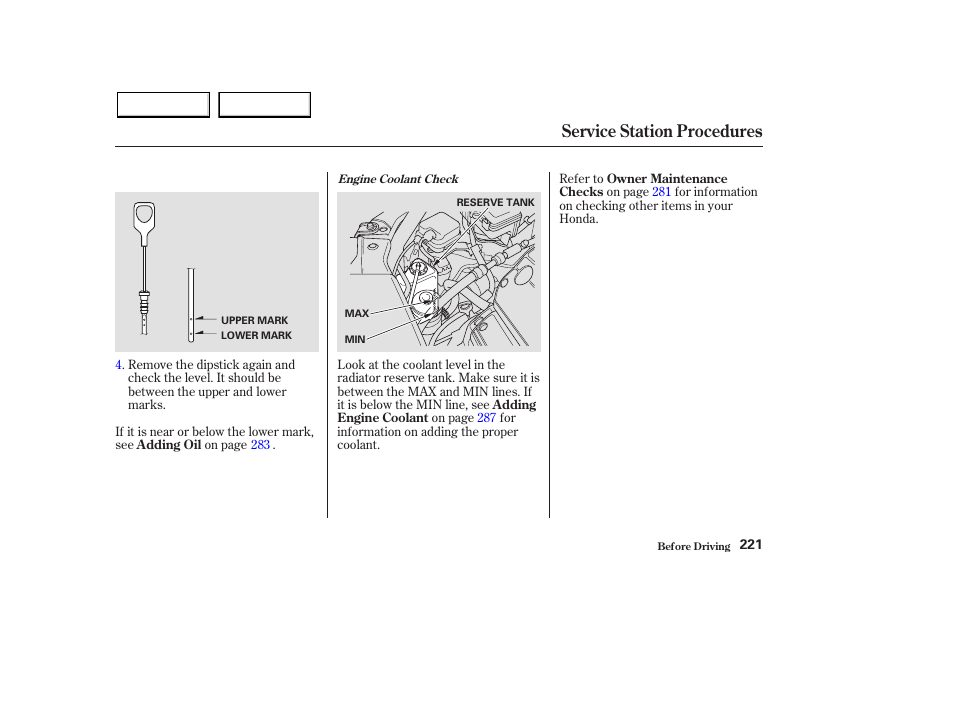 Service station procedures | HONDA 2003 Pilot - Owner's Manual User Manual | Page 225 / 392