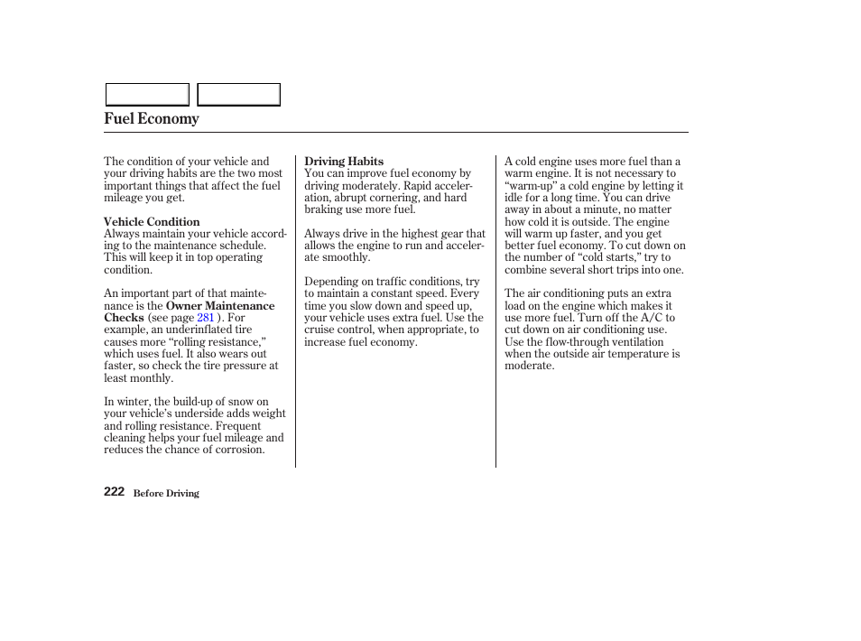 Fuel economy | HONDA 2003 Pilot - Owner's Manual User Manual | Page 226 / 392